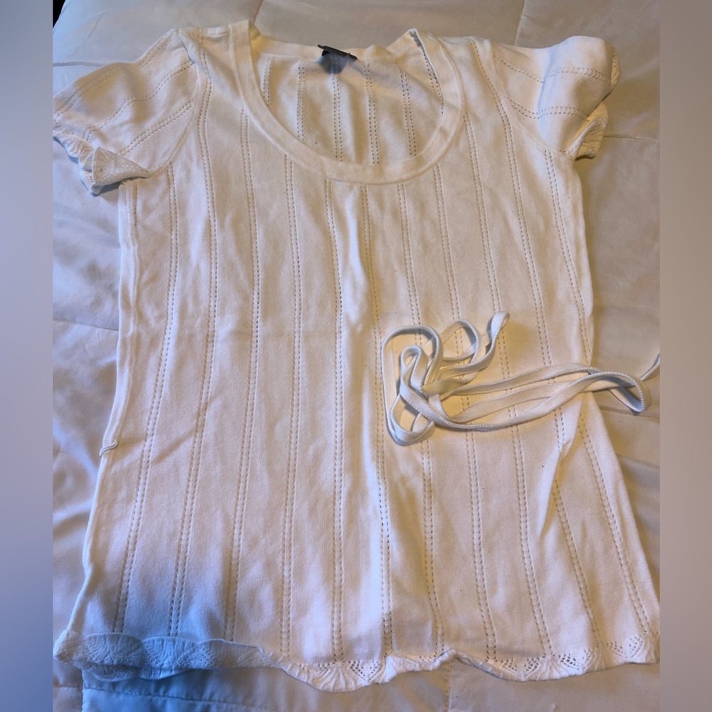 Ann Taylor White Crochet Cotton Sweater with belt